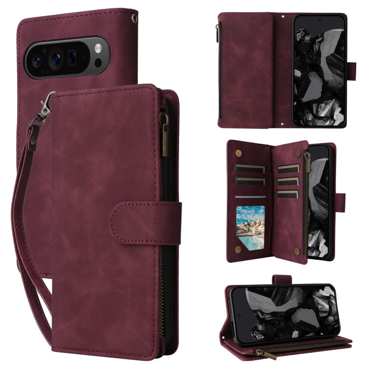 Wine red leather wallet phone case with card slots and fold-over folio cover for phone protection