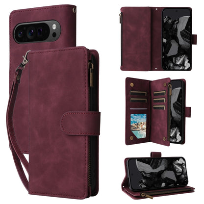 Wine red leather wallet phone case with card slots and fold-over folio cover for phone protection