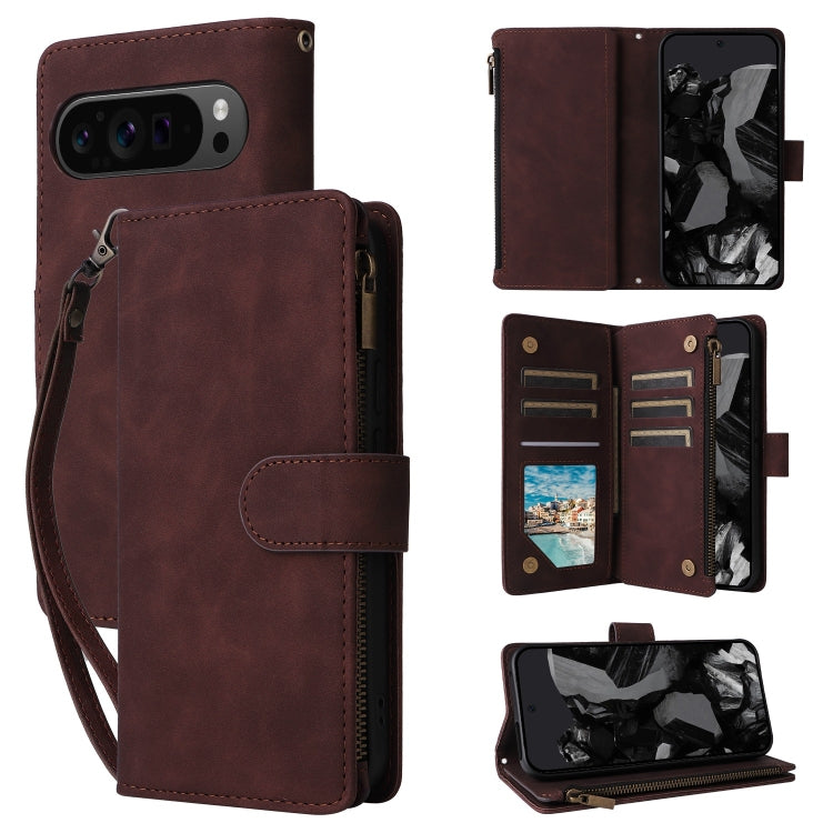 Burgundy leather multi-card wallet phone case with flip cover and wrist strap