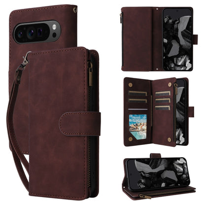 Burgundy leather multi-card wallet phone case with flip cover and wrist strap