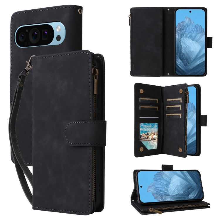 Black leather multi-card wallet phone case with flip cover and wrist strap