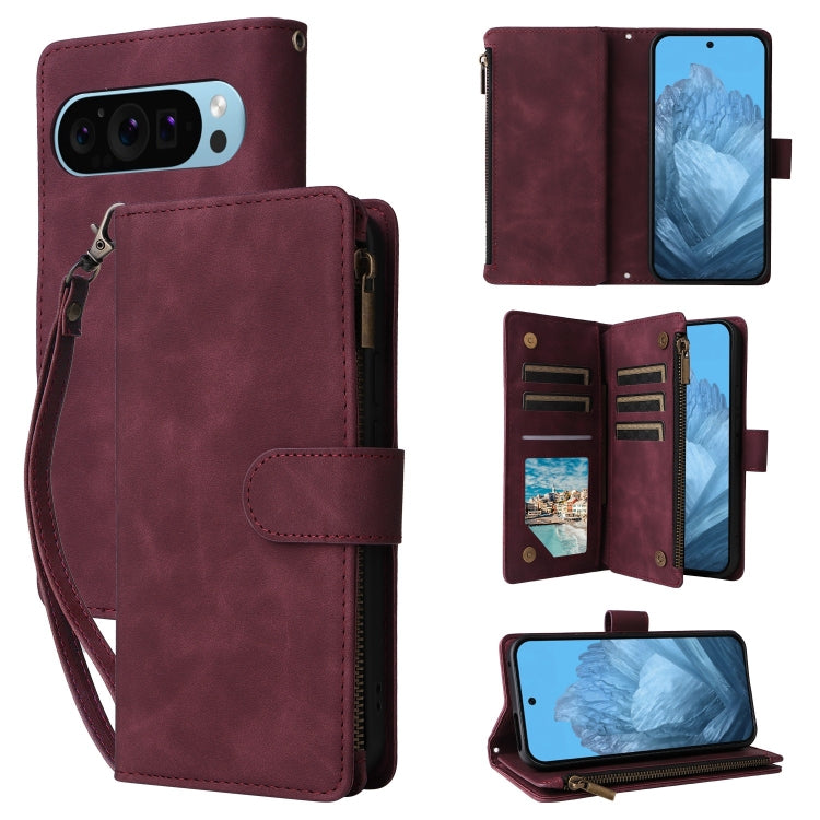 Wine red leather multi-card wallet phone case with flip cover and wrist strap