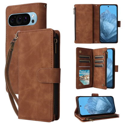 Brown leather multi-card wallet phone case with flip cover and wrist strap