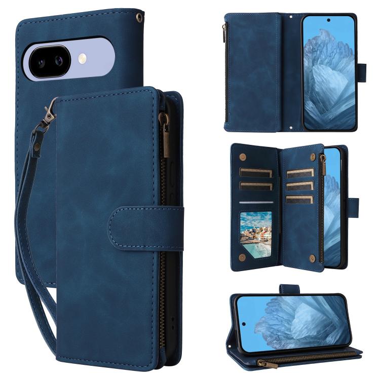 Blue leather wallet phone case with card slots and fold-over folio cover for phone protection