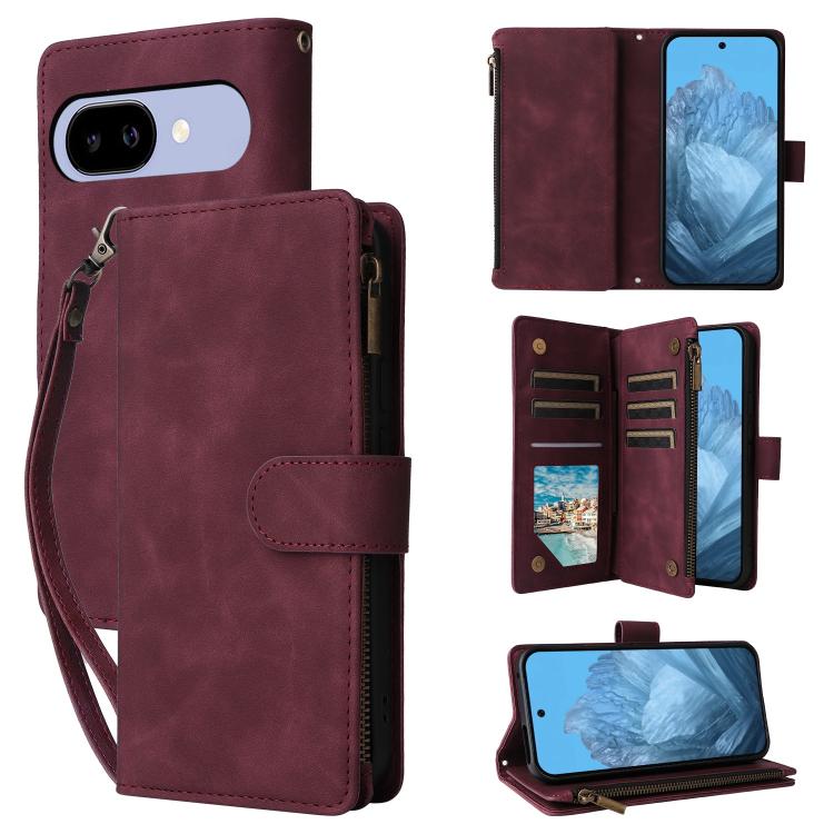 Wine red leather wallet phone case with card slots and fold-over folio cover for phone protection