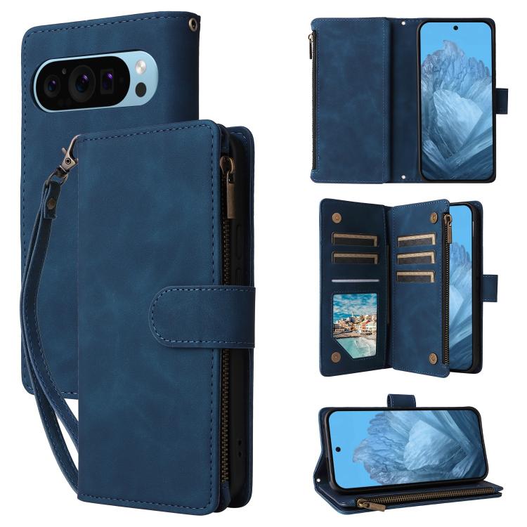Blue leather multi-card wallet phone case with flip cover and card slots
