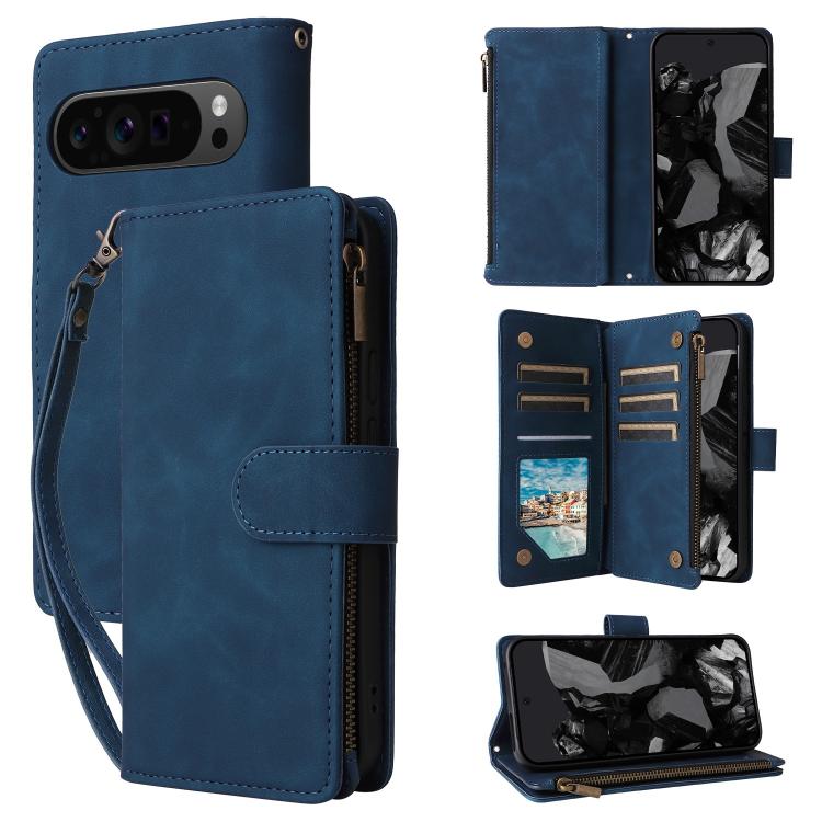Blue leather multi-card wallet phone case with flip cover and card slots