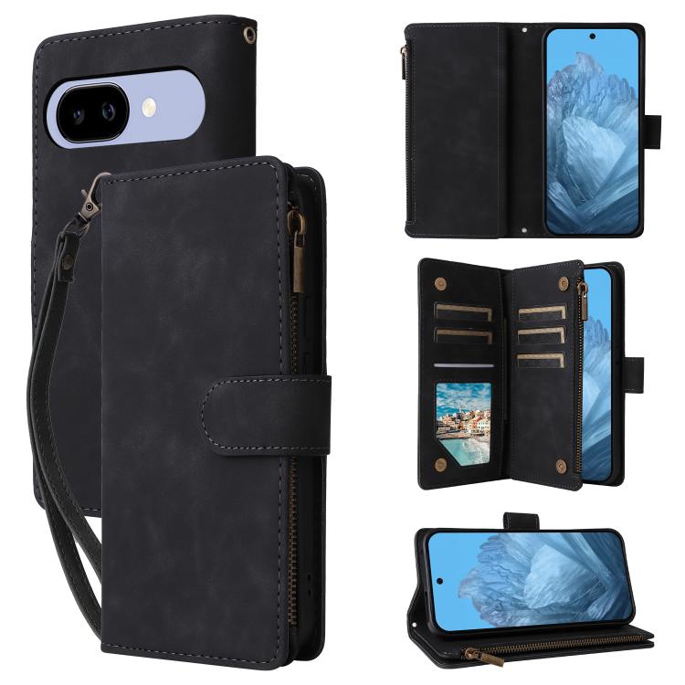 Leather multi-card wallet phone case, black, flip cover with card slots and wrist strap.