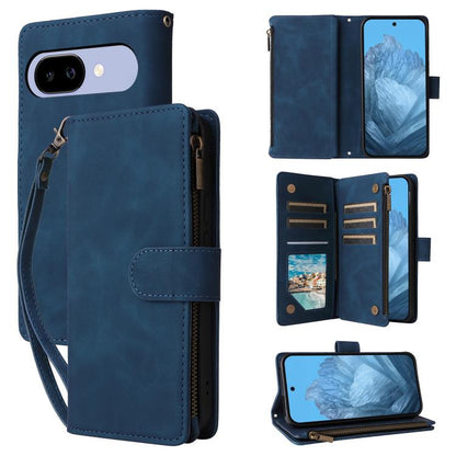 Leather multi-card wallet phone case, blue, flip cover and card slots for storage.
