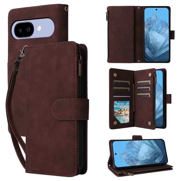 Wine red leather multi-card wallet phone case with flip cover and card slots