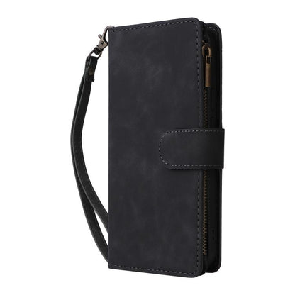 Black leather wallet phone case with wrist strap and side zipper pocket