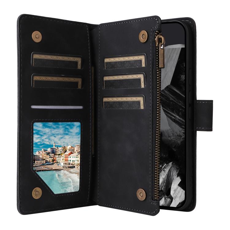 Black leather wallet phone case interior with card slots and clear ID window