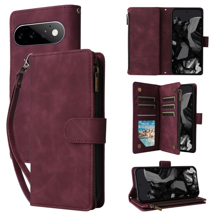 Wine red leather wallet phone case with multi-card slots and front phone cover