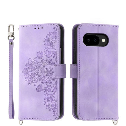 Lavender leather phone wallet case with embossed floral pattern and wrist strap