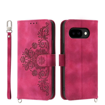 Hot pink leather phone wallet case with embossed floral pattern and wrist strap