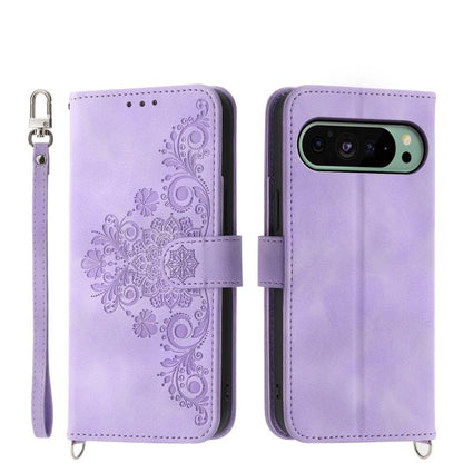 Purple leather phone wallet case with embossed floral pattern, wrist strap, camera cutout
