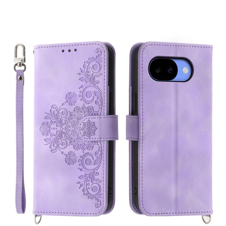 Purple embossed floral wallet phone case with flip cover and wrist strap