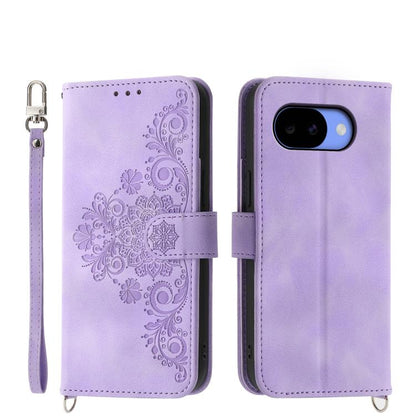 Purple embossed floral wallet phone case with flip cover and wrist strap