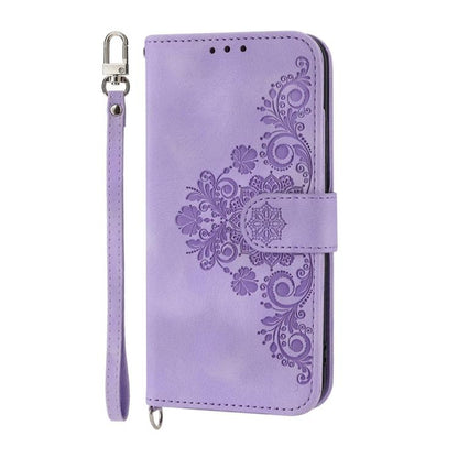 Lavender embossed floral wallet phone case with front flip cover and wrist strap
