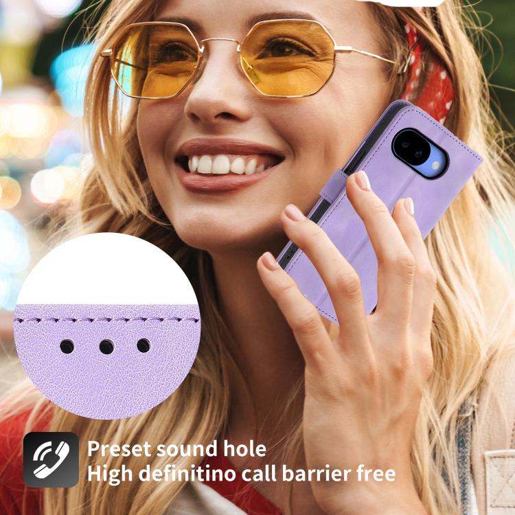 Lavender phone wallet case with sound hole on front and wrist strap