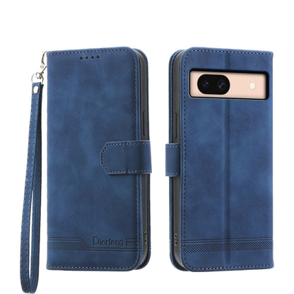 Blue PU leather folio phone case with magnetic flap, wrist strap, and camera opening.