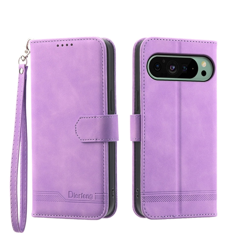 Purple flip phone case showing front and back views with wrist strap and camera cutout