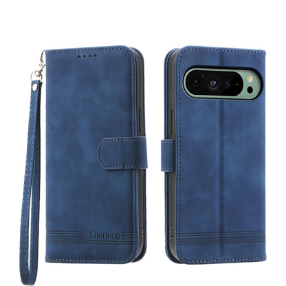 Blue PU leather wallet phone case with flip cover, wrist strap, and camera cutout.