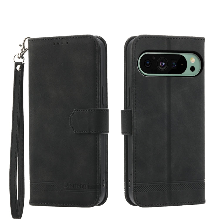 Black PU leather wallet phone case with flip cover and wrist strap; camera cutout.