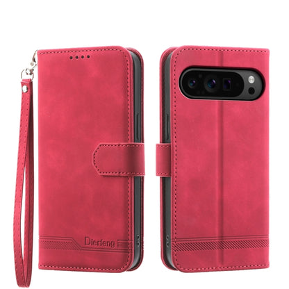 Red flip phone case with wrist strap, magnetic closure, and camera cutout window