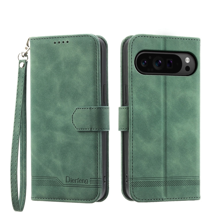 Green flip phone case with wrist strap, magnetic closure, and camera cutout window