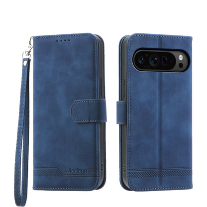 Blue flip phone case with wrist strap, magnetic closure, and camera cutout window