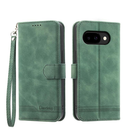 Green folio phone case with wrist strap, magnetic flap, and dual camera cutout