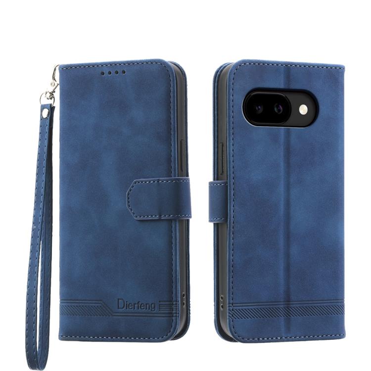 Blue folio phone case with wrist strap, magnetic flap, and dual camera cutout