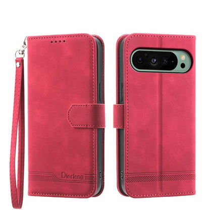 Red flip phone case with wrist strap, fold-over cover, and camera cutout