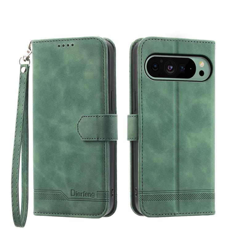 Green flip phone case with wrist strap, fold-over cover, and camera cutout