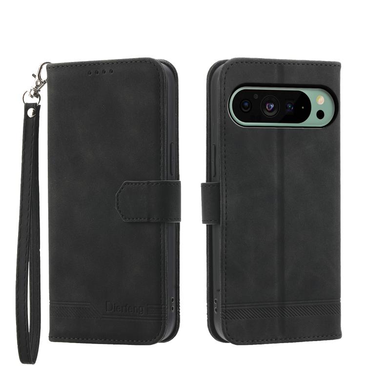 Black leather-style flip phone case with wrist strap, magnetic flap, and camera opening