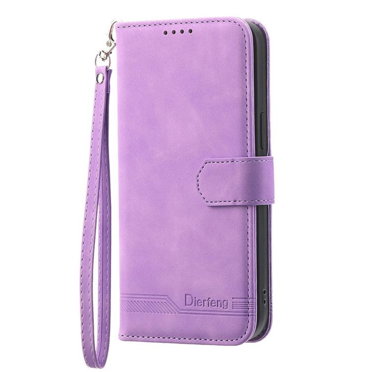 Purple leather-style flip phone case with card slot flap and wrist strap