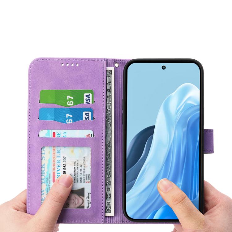 Purple flip phone case with card slots inside and wrist strap