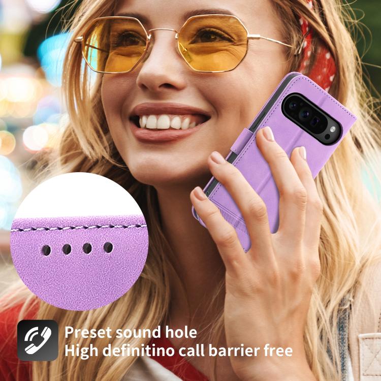 Purple flip phone case with perforated sound hole and wrist strap