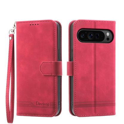 Red flip phone case with wrist strap, card slot flap, and camera cutout