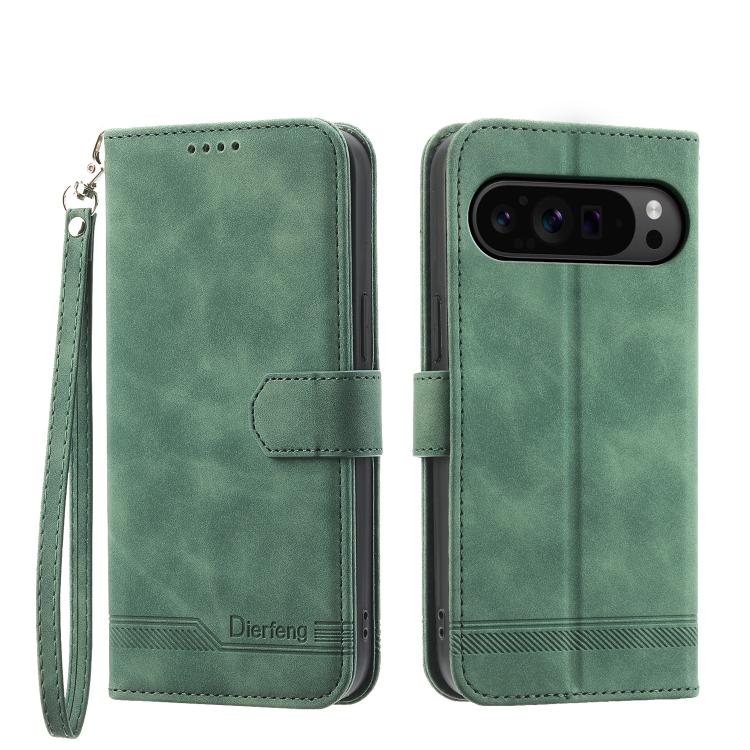 Green flip phone case with wrist strap, card slot flap, and camera cutout