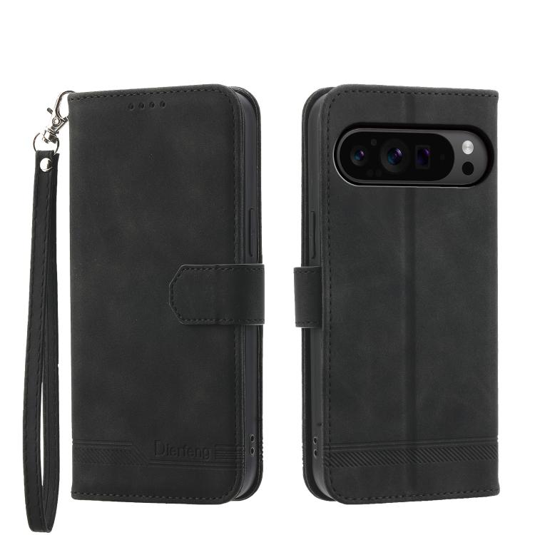 Black flip phone case with wrist strap, fold-over cover, and camera cutout