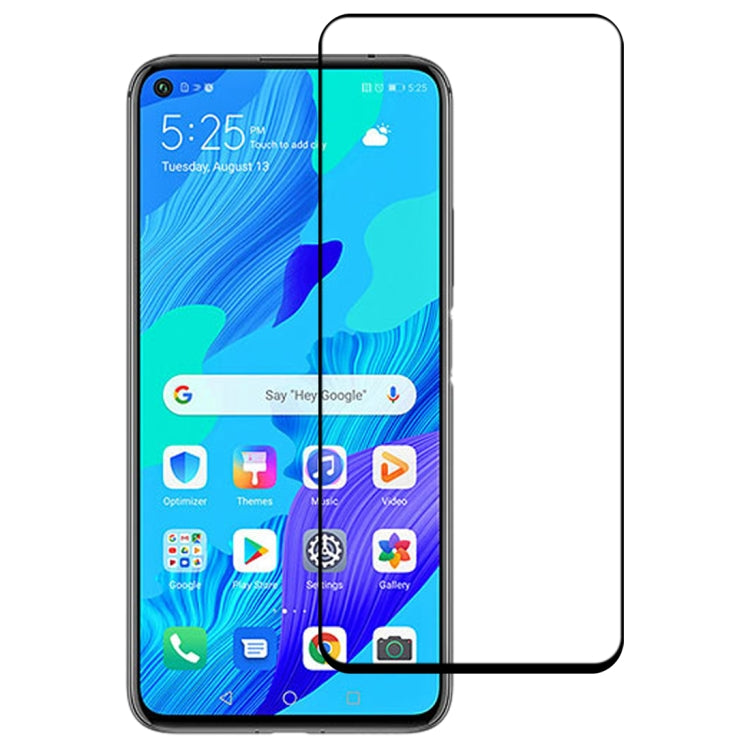 Tempered glass screen protector on smartphone display, clear with black frame border