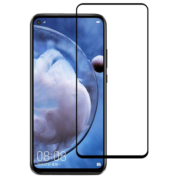 Tempered glass screen protector film with black border for full front coverage on blue phone display