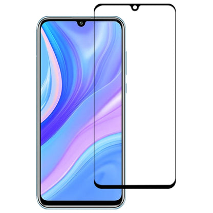 Tempered glass screen protector film with black border for full front coverage on blue-purple phone display