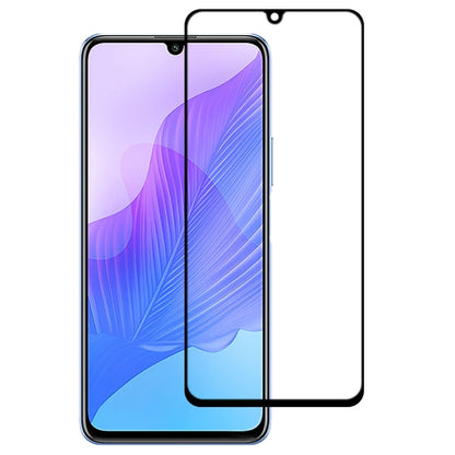 Tempered glass screen protector film with black border for full front coverage on purple-blue phone display