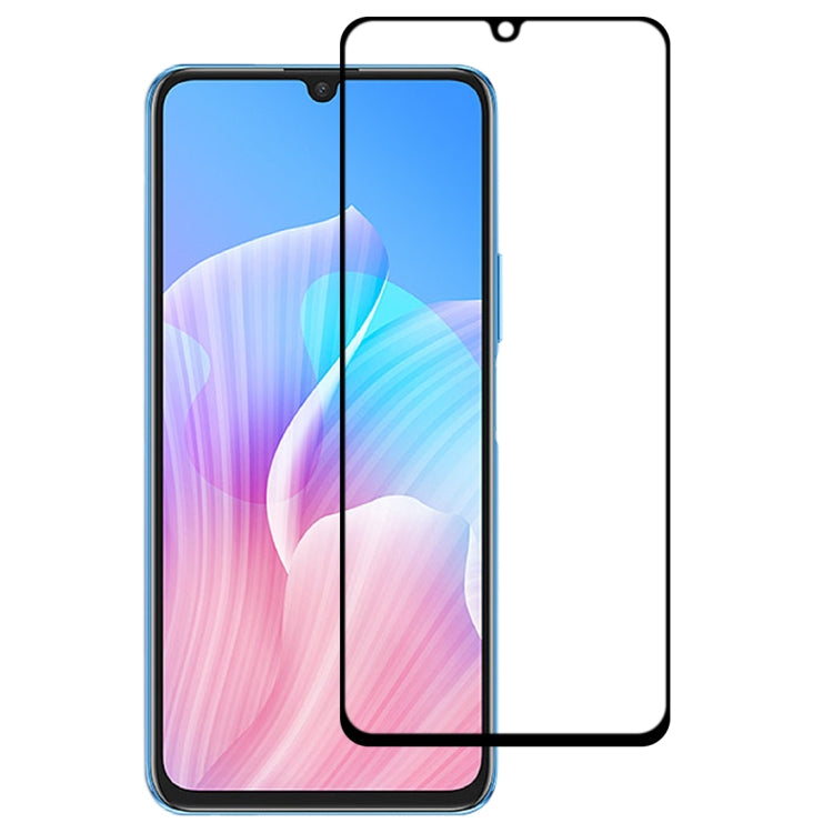 Tempered glass screen protector film with black border for full front coverage on pink-blue phone display