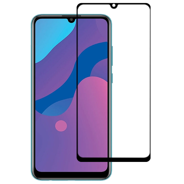 Tempered glass screen protector film with black border for full front coverage on purple-blue phone display