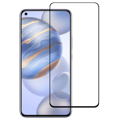 Tempered glass screen protector film with black border for full front coverage on light blue phone display