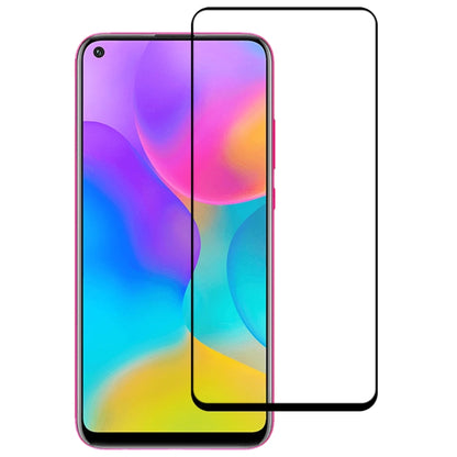 Clear full-screen tempered glass screen protector film with black edge on purple-blue phone